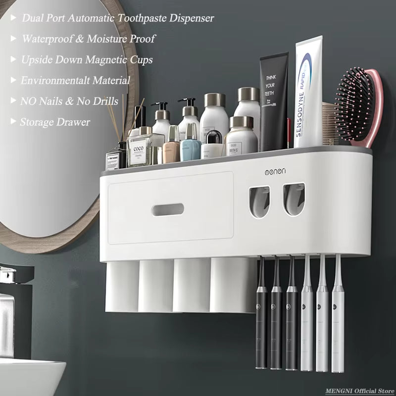 -Magnetic Adsorption Inverted Toothbrush Holder Wall -Automatic Toothpaste Squeezer Storage Rack Bathroom Accessories