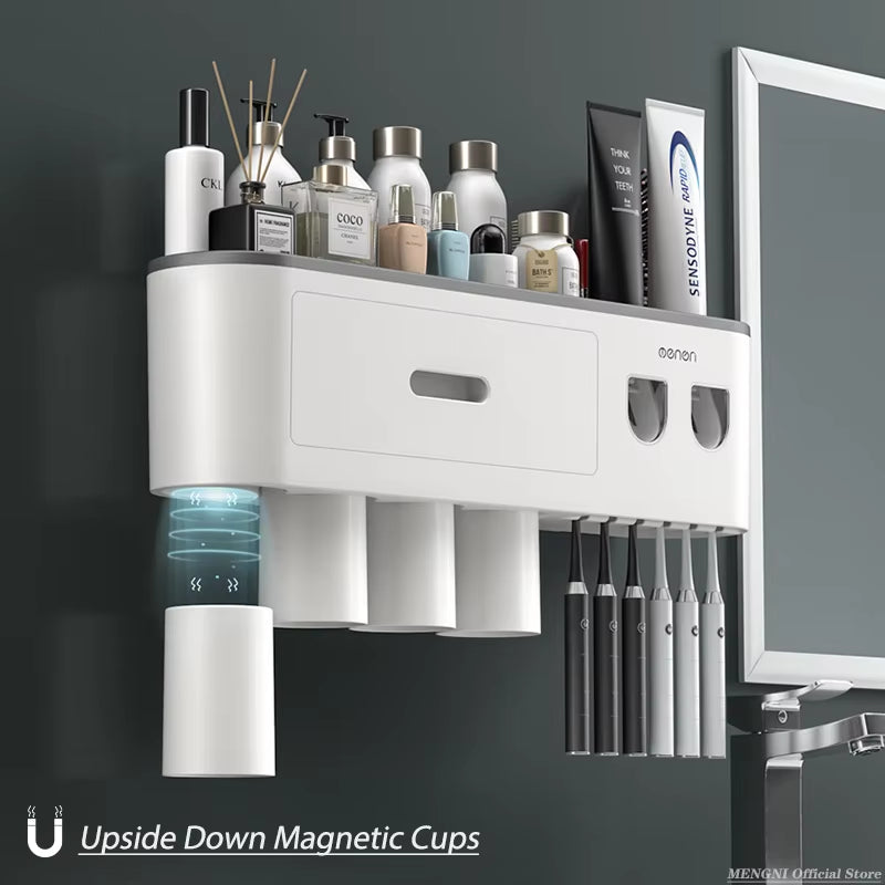 -Magnetic Adsorption Inverted Toothbrush Holder Wall -Automatic Toothpaste Squeezer Storage Rack Bathroom Accessories