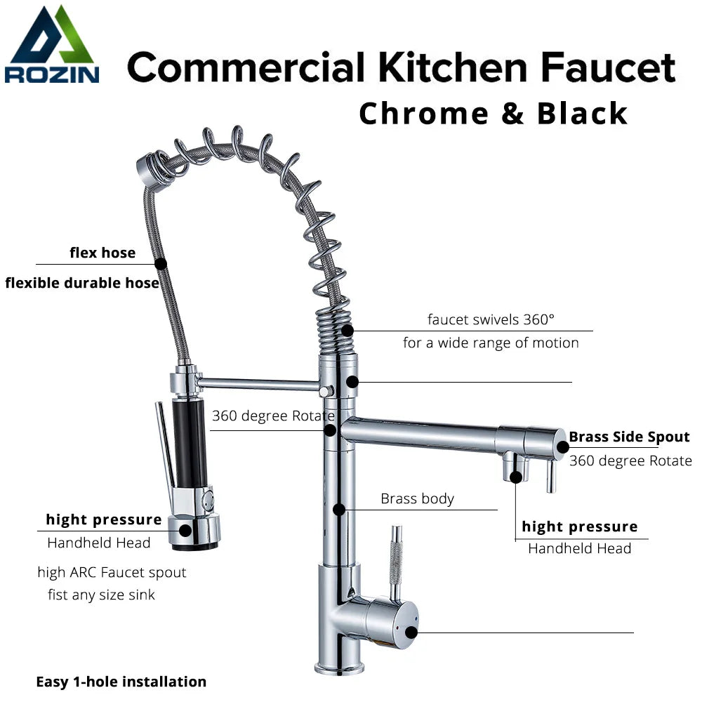 Deck-Mounted Rozin Black Kitchen Faucet – Hot & Cold Mixer