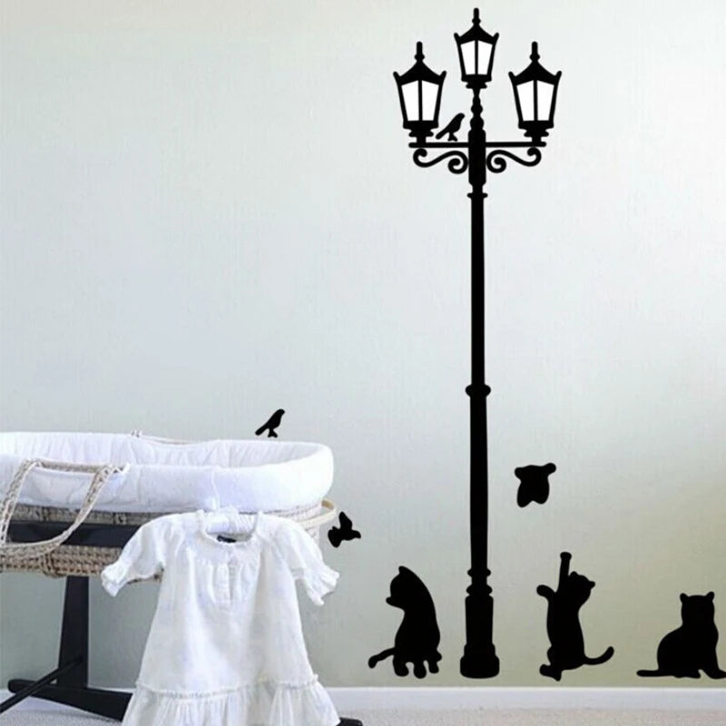 Creative Cartoon Wall Mural – Cats & Birds Lamp Wall Sticker