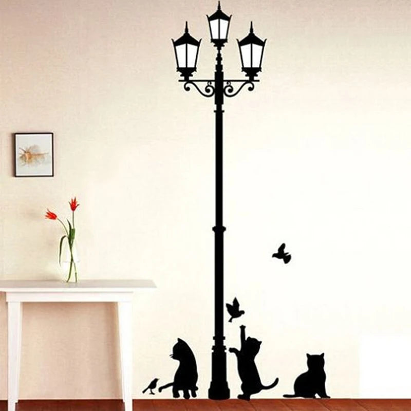 Creative Cartoon Wall Mural – Cats & Birds Lamp Wall Sticker