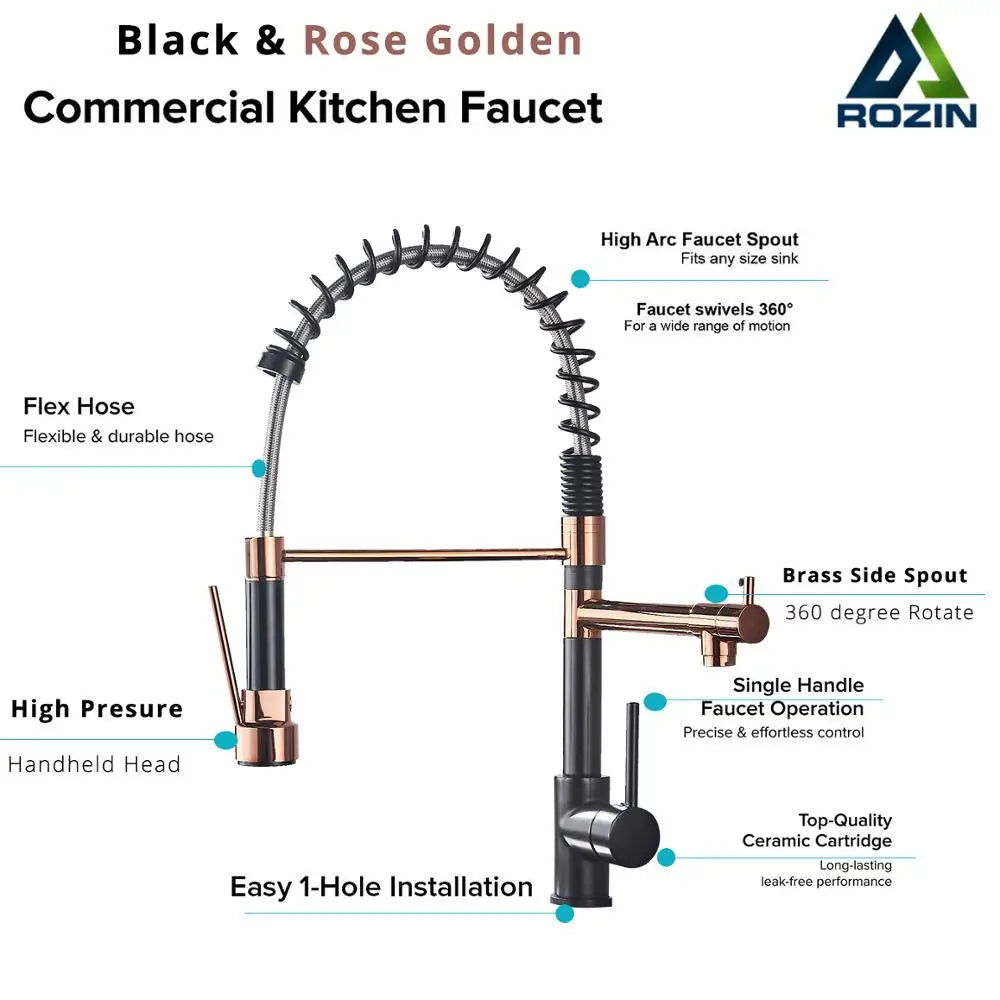 Deck-Mounted Rozin Black Kitchen Faucet – Hot & Cold Mixer