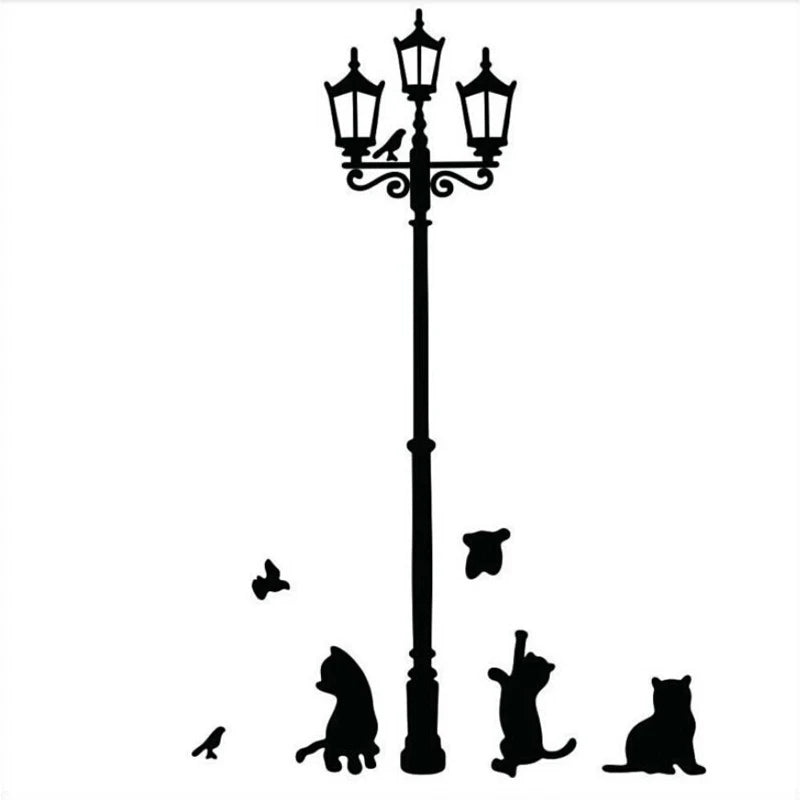 Creative Cartoon Wall Mural – Cats & Birds Lamp Wall Sticker