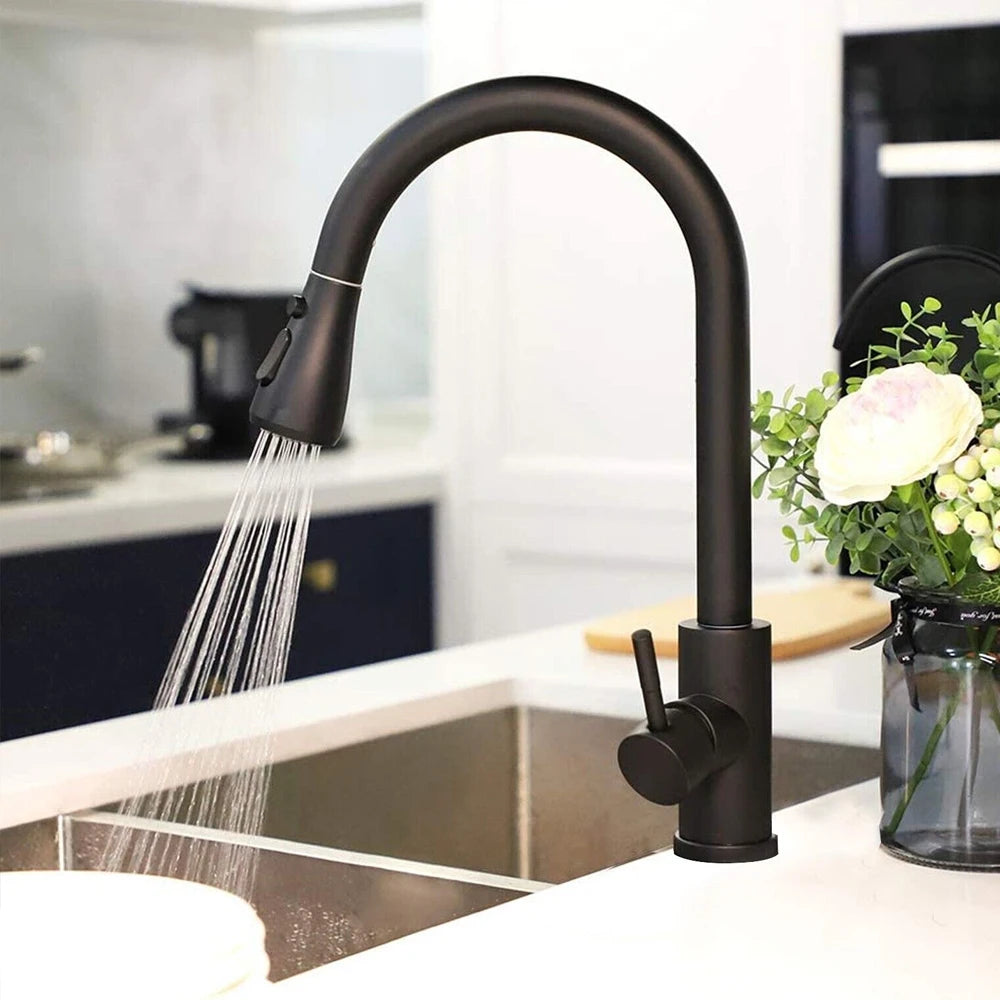 Black Pull-Out Kitchen Sink Faucet with Stream Sprayer