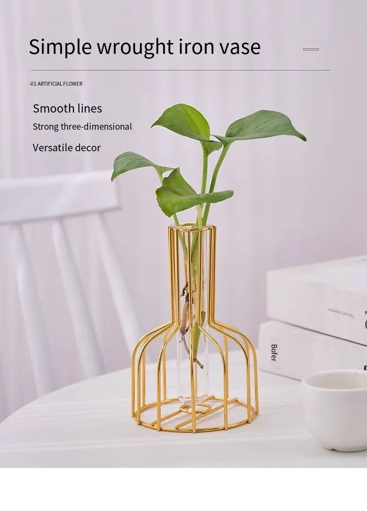 Gold Wrought Iron Metal Vase Set – Hydroponic Test Tube Design for Living Room