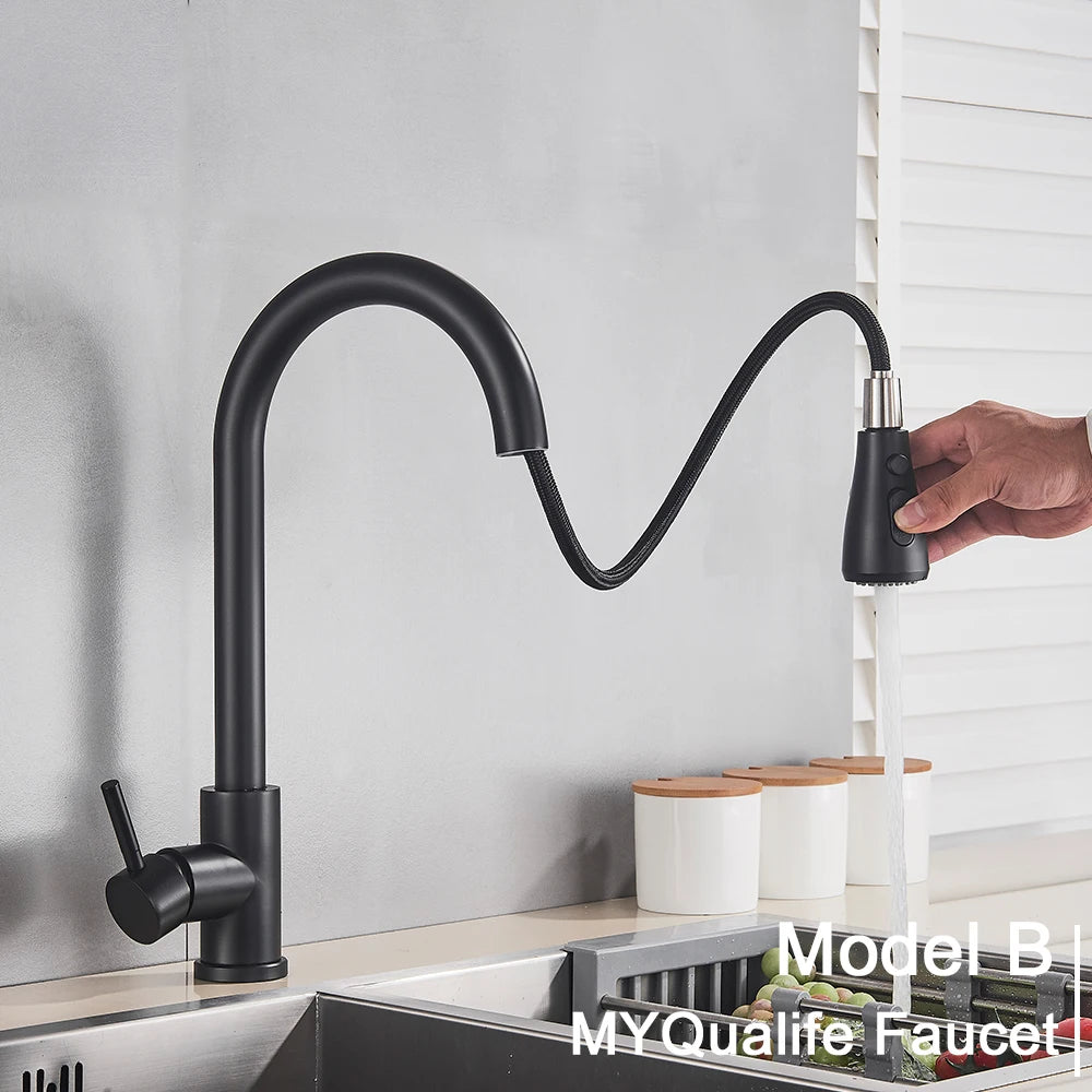 Black Pull-Out Kitchen Sink Faucet with Stream Sprayer