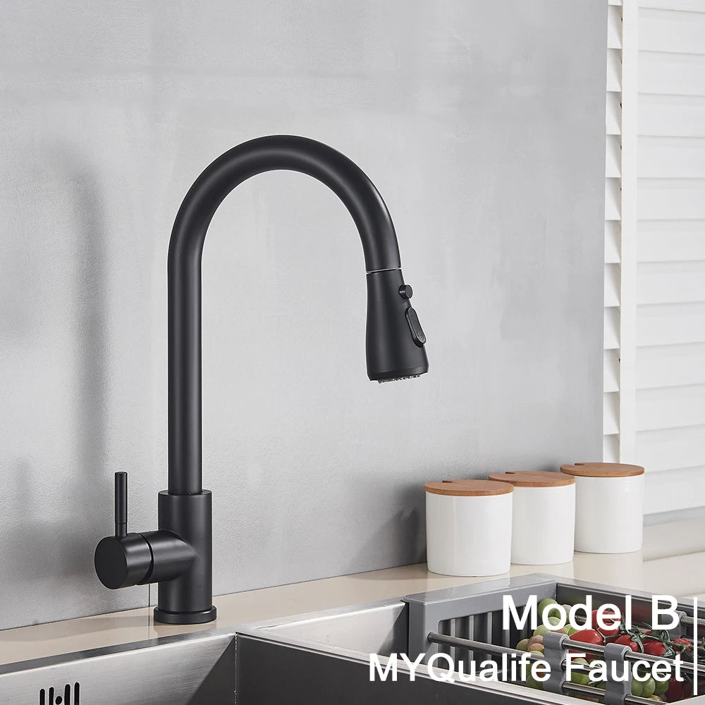 Black Pull-Out Kitchen Sink Faucet with Stream Sprayer