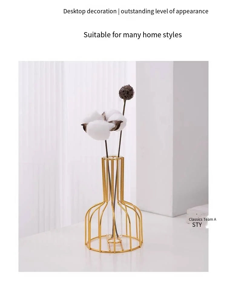 Gold Wrought Iron Metal Vase Set – Hydroponic Test Tube Design for Living Room