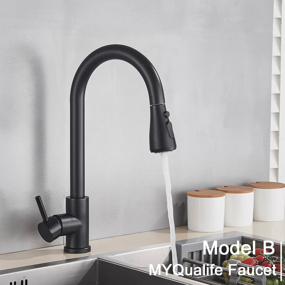 Black Pull-Out Kitchen Sink Faucet with Stream Sprayer