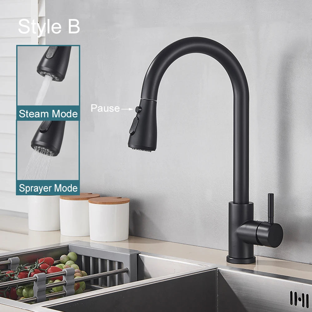 Black Pull-Out Kitchen Sink Faucet with Stream Sprayer