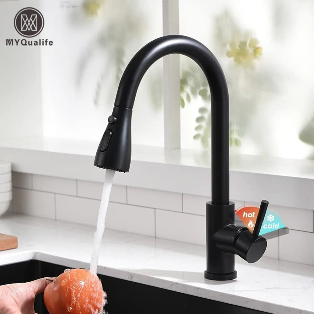 Black Pull-Out Kitchen Sink Faucet with Stream Sprayer