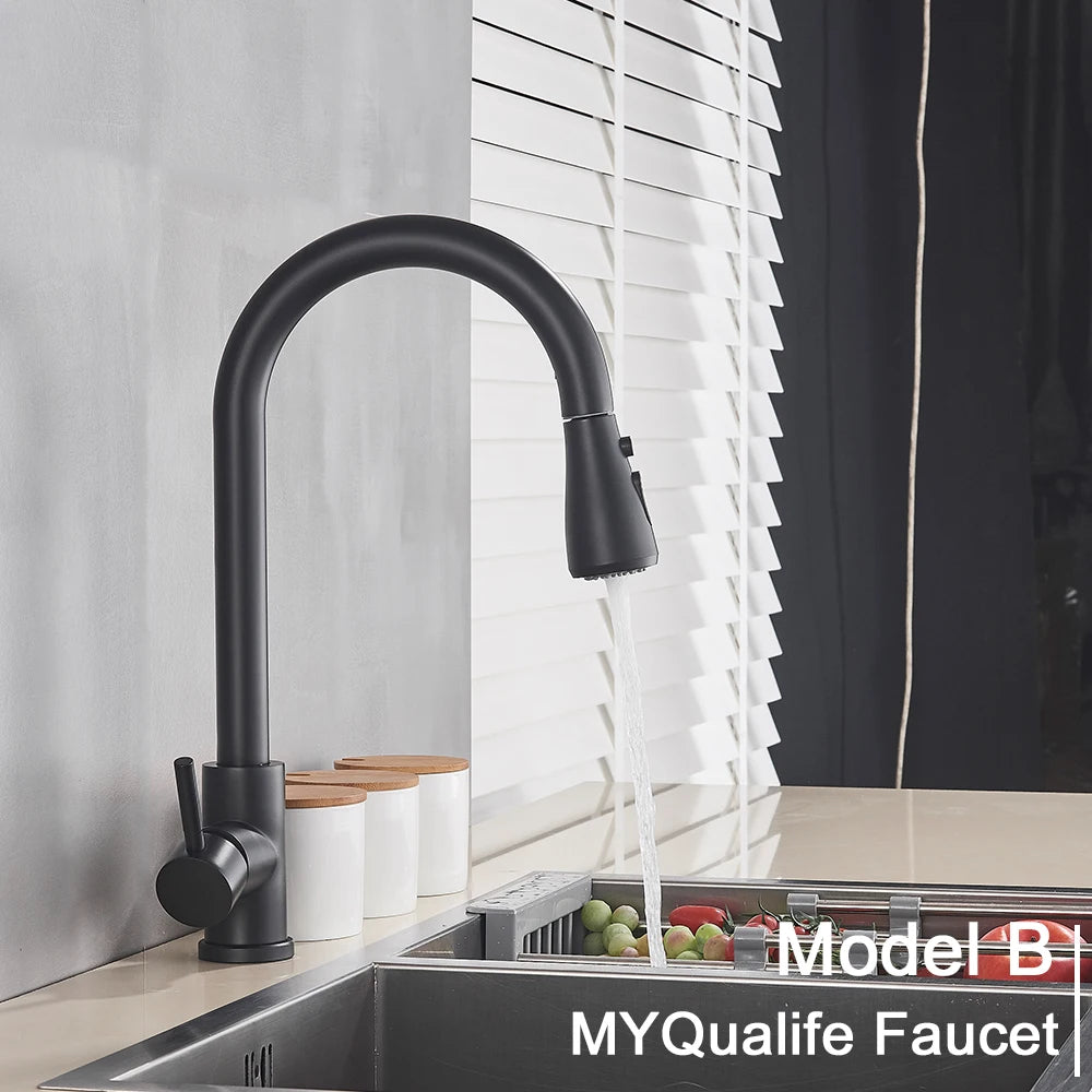 Black Pull-Out Kitchen Sink Faucet with Stream Sprayer